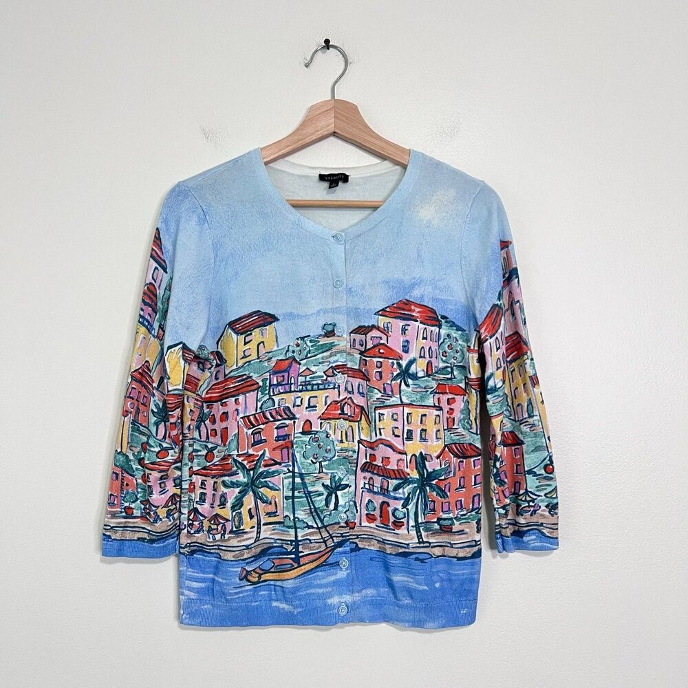 Talbots Charming Cardigan Scenic Riviera Cotton Coastal Novelty Size M - Picture 2 of 9